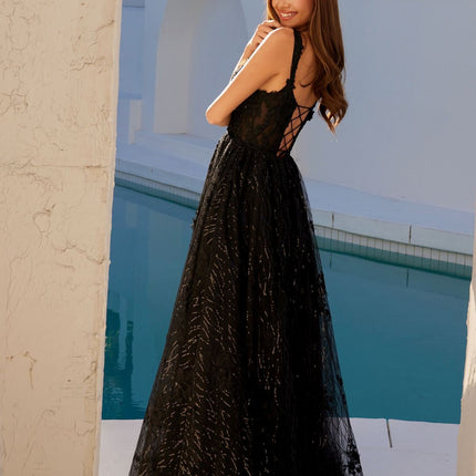 Juliet JT2495A Long A-Line Floral Lace Evening Gown