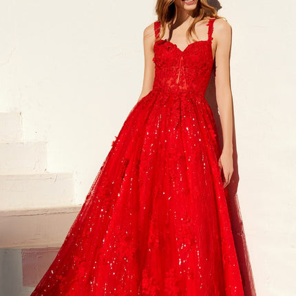 Juliet JT2495A Long A-Line Floral Lace Evening Gown