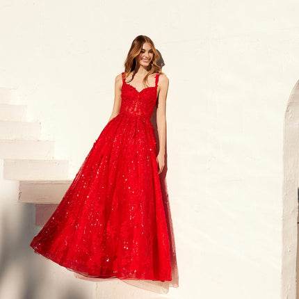 Juliet JT2495A Long A-Line Floral Lace Evening Gown