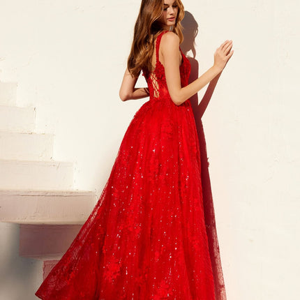 Juliet JT2495A Long A-Line Floral Lace Evening Gown