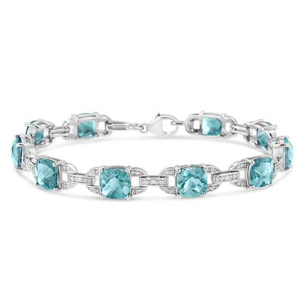 Blue Topaz & Diamond Tennis Bracelet in 925 Sterling Silver – Cushion Cut Gemstone 7"