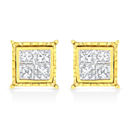 14K Yellow Gold 1.0 Cttw Invisible Set Princess-Cut Diamond Composite 8 Stone Stud Earrings (I-J Color, SI1-SI2 Clarity)