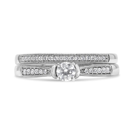 .925 Sterling Silver 1/3 Cttw Diamond Classic Engagement Ring Bridal Set with Milgrain (I-J Color, I3 Clarity) - Ring Size 7