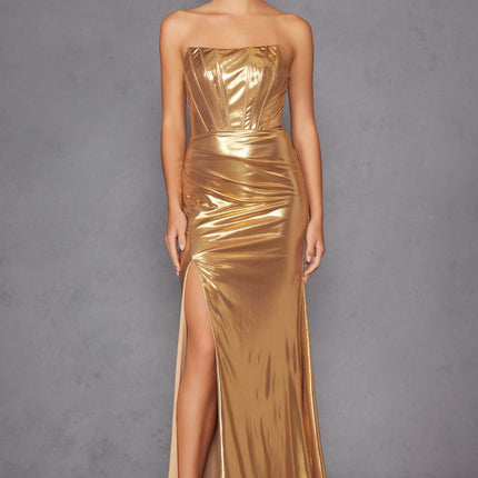 Juliet JT2500A Strapless Fitted Metallic Formal Gown