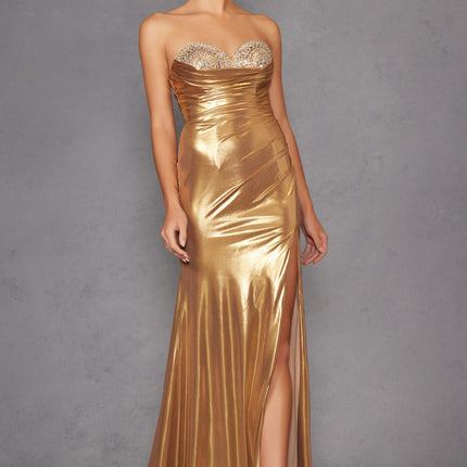 Juliet JT2501A Long Strapless Beaded Sweetheart Fitted Metallic Gown
