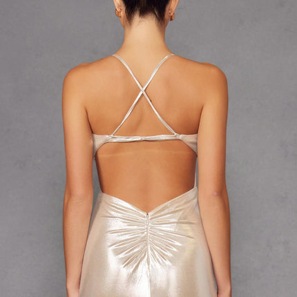 Juliet JT2502A Dress Long Halter Neck Fitted Metallic Gown