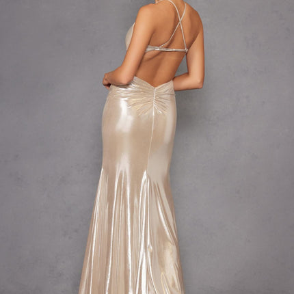 Juliet JT2502A Dress Long Halter Neck Fitted Metallic Gown