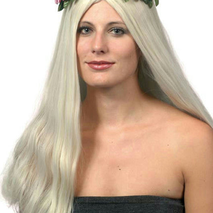 60's Titania Long Blonde Hippie Wig with Flower Halo Headdress