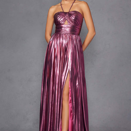 Juliet JT2503A Long Halter A-Line Pleated Metallic Gown