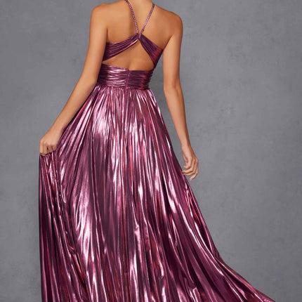 Juliet JT2503A Long Halter A-Line Pleated Metallic Gown