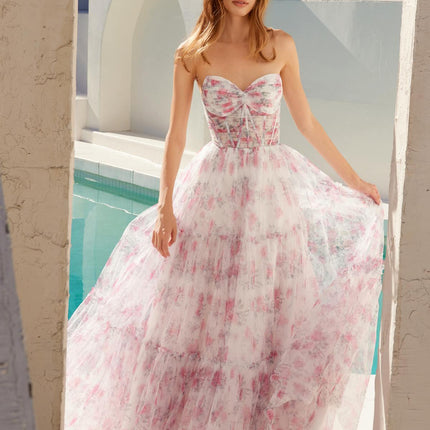 Juliet JT2507A Long Strapless Sweetheart Print Tiered Skirt Gown