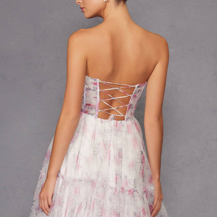 Juliet JT2507A Long Strapless Sweetheart Print Tiered Skirt Gown