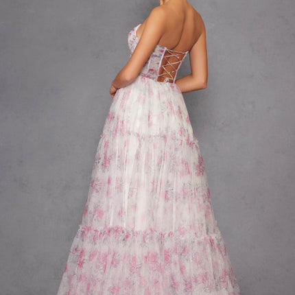 Juliet JT2507A Long Strapless Sweetheart Print Tiered Skirt Gown