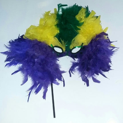 Purple Yellow Green Mardi Gras Feather Showgirl Masquerade Mask On a Stick 4485