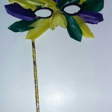 Multicolored Mardi Gras Pointed Feather Masquerade Eye Mask On a Stick 5805