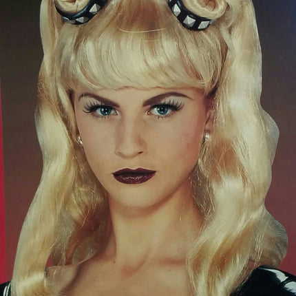 Blonde Dominatrix Wig Wavy Wig with Bangs and Pigtails Studded Choker Accent