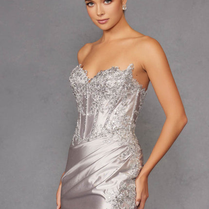 Juliet JT2536K Strapless Sweetheart Corset Back Fitted Satin Prom Gown