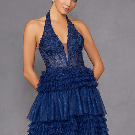 Juliet JT2556S Halter V-Neckline Layered Tulle Slit A-Line Gown