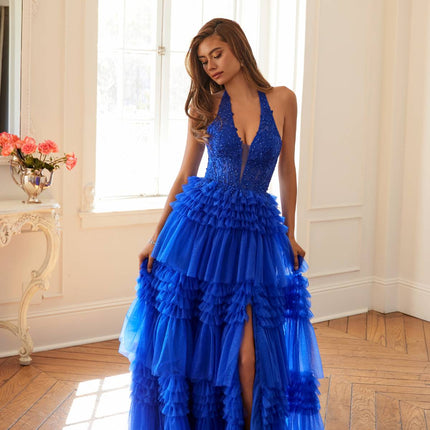 Juliet JT2556S Halter V-Neckline Layered Tulle Slit A-Line Gown