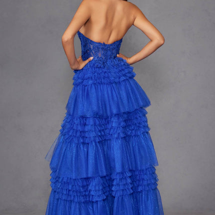 Juliet JT2556S Halter V-Neckline Layered Tulle Slit A-Line Gown
