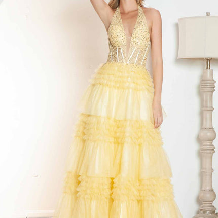 Juliet JT2556S Halter V-Neckline Layered Tulle Slit A-Line Gown