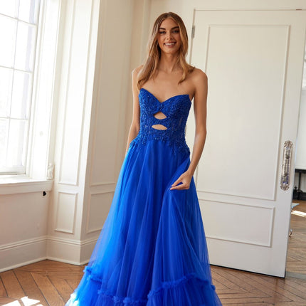 Juliet JT2561S Strapless Sweetheart Keyhole Bodice Tulle A-Line Gown