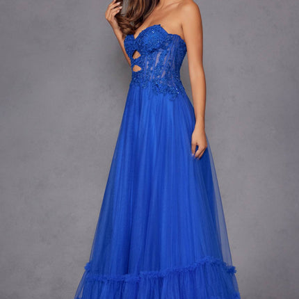 Juliet JT2561S Strapless Sweetheart Keyhole Bodice Tulle A-Line Gown