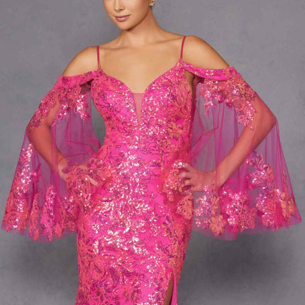 Juliet JT2564U Long Sleeve Cold Shoulder Fitted Sequin Gown