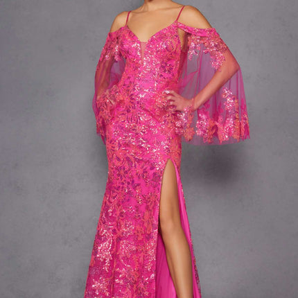 Juliet JT2564U Long Sleeve Cold Shoulder Fitted Sequin Gown