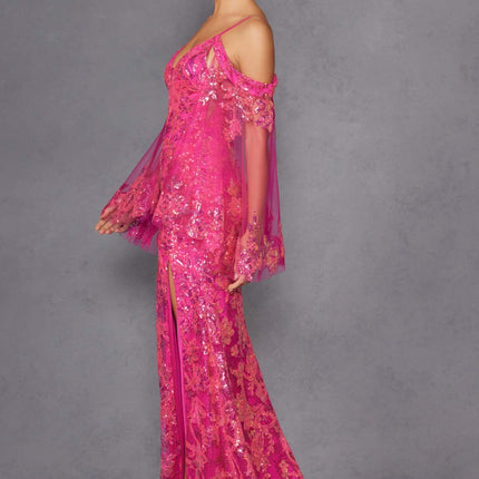 Juliet JT2564U Long Sleeve Cold Shoulder Fitted Sequin Gown