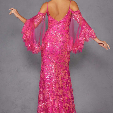 Juliet JT2564U Long Sleeve Cold Shoulder Fitted Sequin Gown