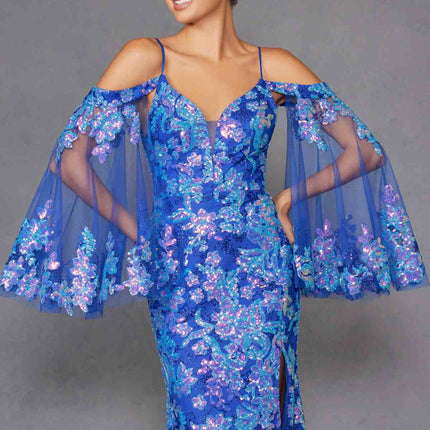 Juliet JT2564U Long Sleeve Cold Shoulder Fitted Sequin Gown