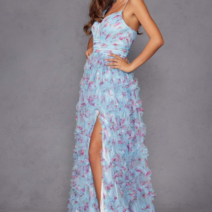 Juliet JT2572U Long Ruffled Layered Skirt Print Formal Gown