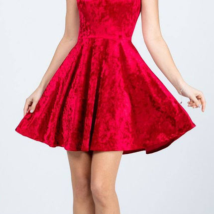 CLEARANCE - La Scala 25821 Crushed Velvet Short Sleeve Red Skater Dress (Size XL)