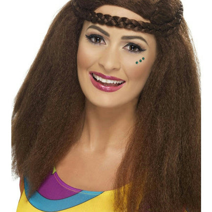 Smiffy's Women's Brown Hippy Chick Long Afro Wig with Plaited Headband