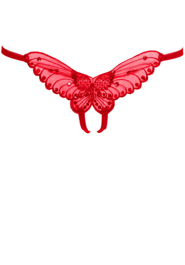 Sheer Butterfly Applique Crotchless Panty with Pearl and Sequin Detail - Red - O/S