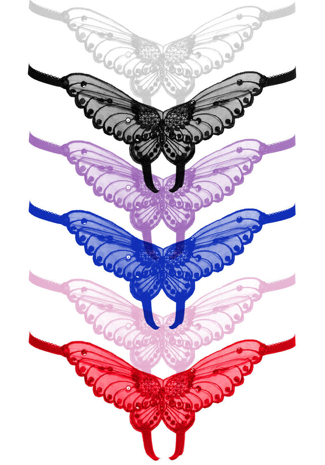 Sheer Butterfly Applique Crotchless Panty with Pearl and Sequin Detail - Assorted - O/S