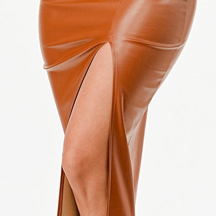 CLEARANCE - La Scala 26019 Mid Length PU leather Pencil Burgundy Skirt (Small) (Copy)