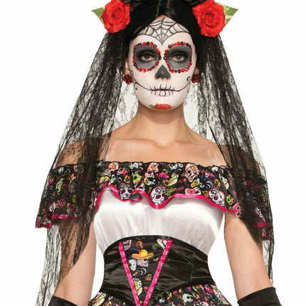 Adult Day of the Dead Black Veil Headband with Flowers