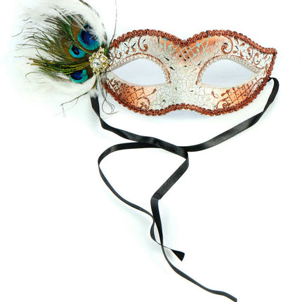 White Crackled Masquerade Venezia Eye Mask with Peacock Feathers and Jewels