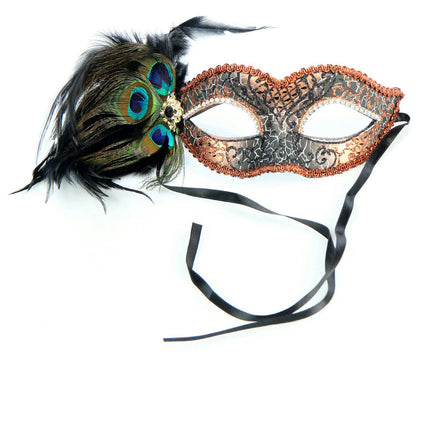 Bronze Crackled Masquerade Venezia Eye Mask with Peacock Feathers and Jewels