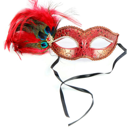 Red Crackled Masquerade Venezia Eye Mask with Peacock Feathers and Jewels
