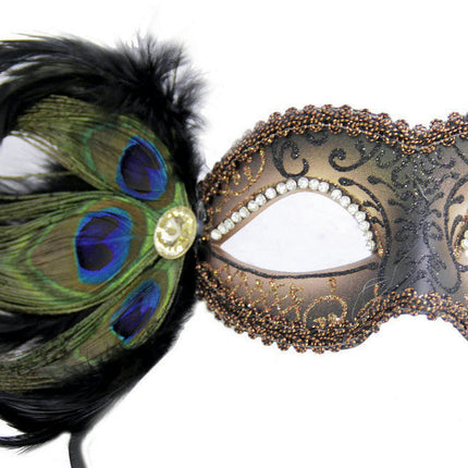 Bronze Cipriani Venetian Masquerade Eye Mask with Feathers Rhinestones and Jewel