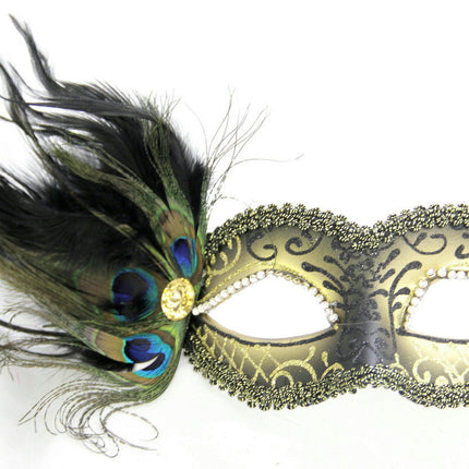 Gold Cipriani Venetian Masquerade Eye Mask with Feathers Rhinestones and Jewel