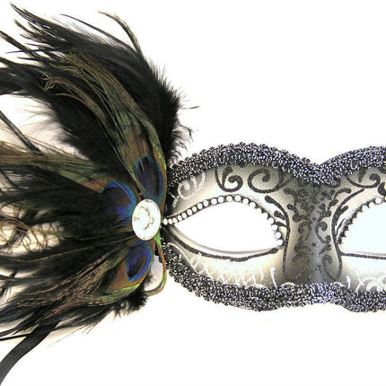 Silver Cipriani Venetian Masquerade Eye Mask with Feathers Rhinestones and Jewel