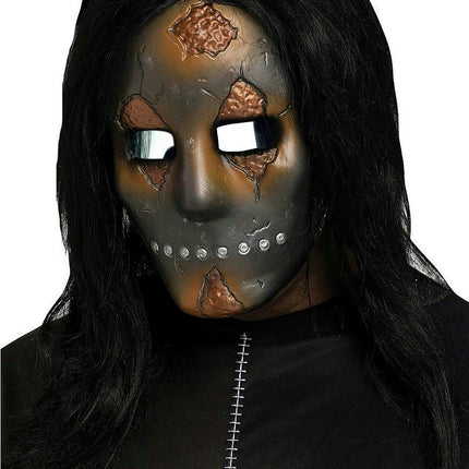 Metallic Freaky Rusted Cracked Industrial Look Face Mask with Black Long Hair