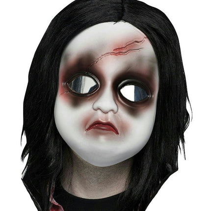 White Doll Freaky Face Mask with Long Black Hair