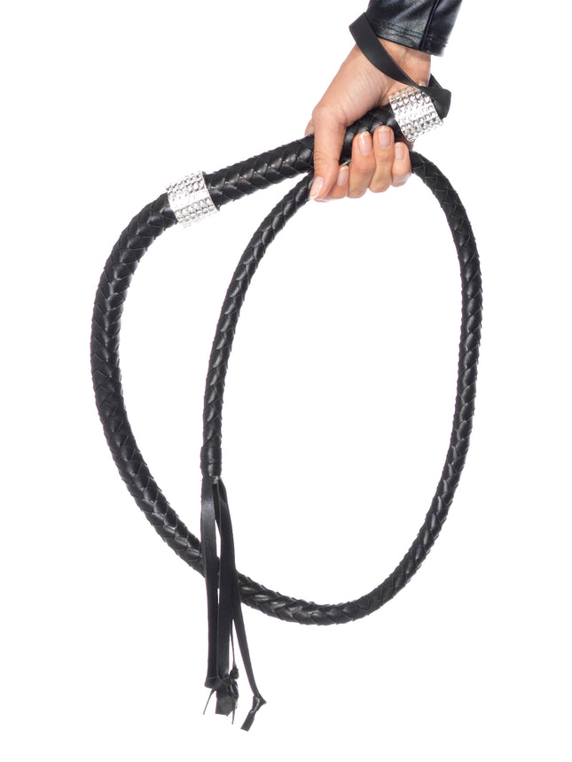 Faux Leather 54"" Braided Whip with Rhinestone Look Handle Accent - Black - O/S