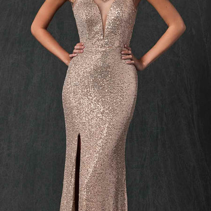 Juliet 264 Long Fitted Sequin Dress Sheer Sides