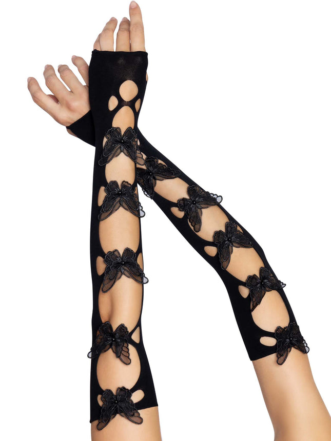 Opaque Net Cut-Out Butterfly Applique Arm Warmers - Black - O/S